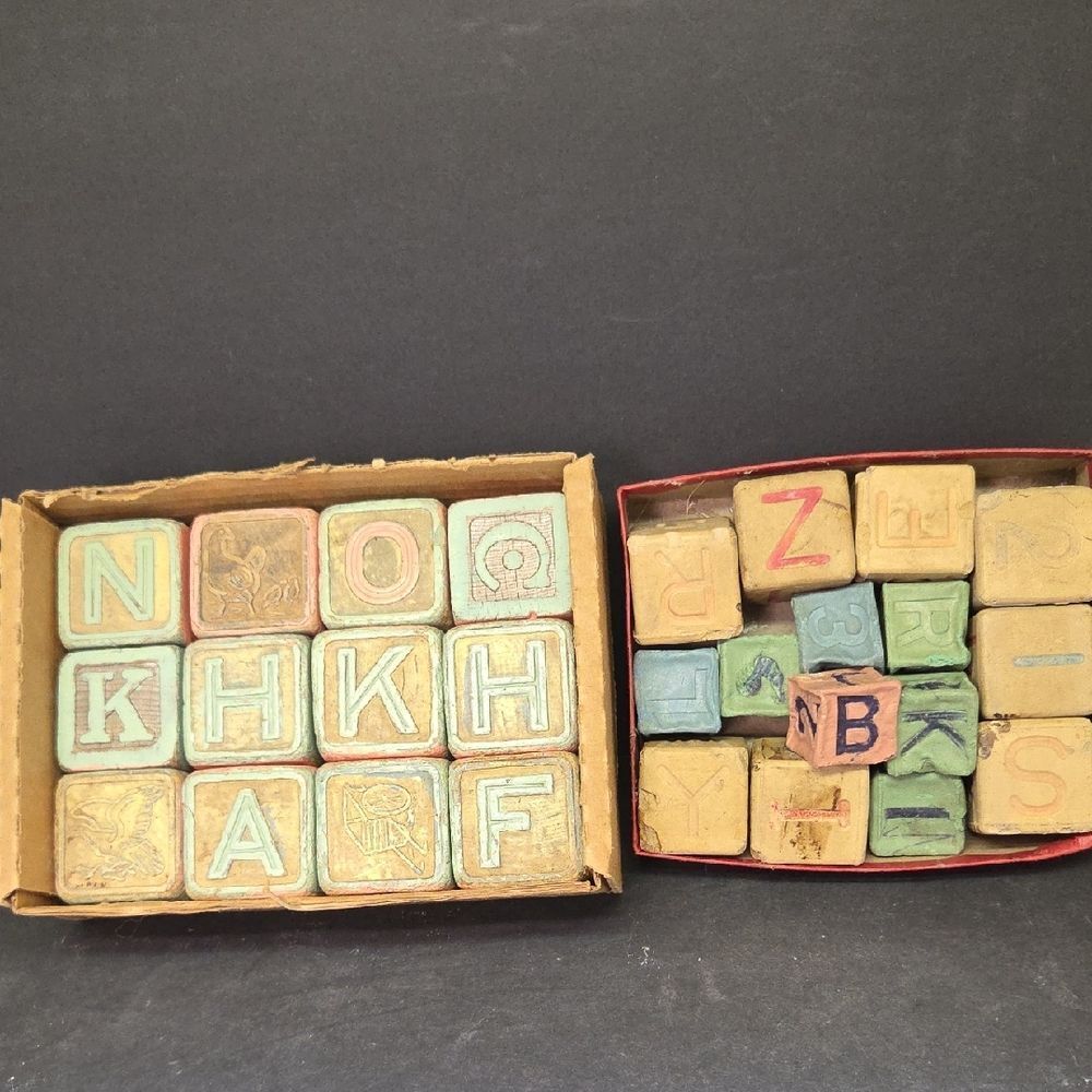 Lot of Vintage wood and rubber‎ letter blocks 27 Blocks